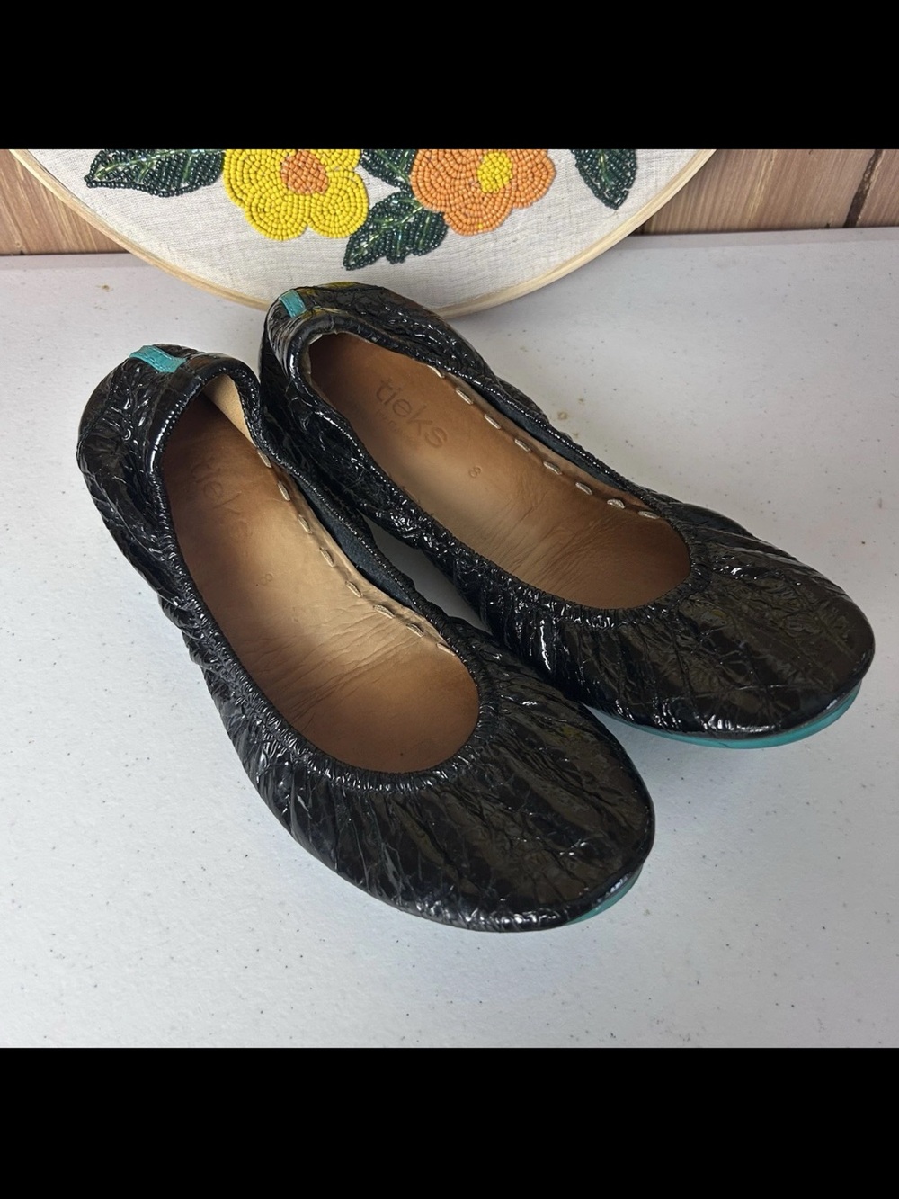 Tieks Obsidian Black Women’s 8 Croc Embossed Crinkle Patent Leather Ballet Flats